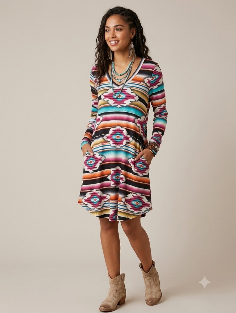 Heimish USA Southwestern Aztec V-Neck Mini Dress Pockets S Festival Western
